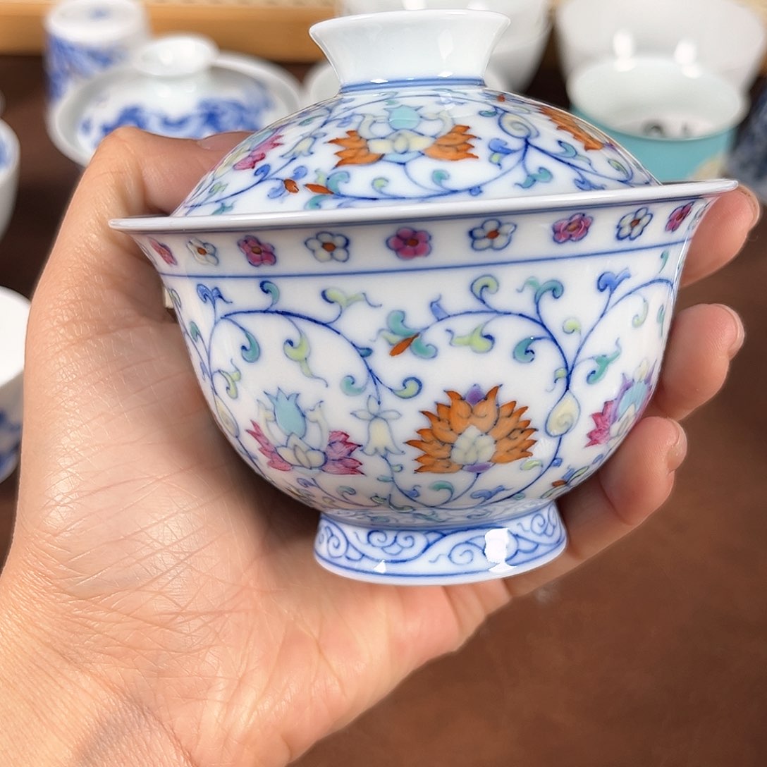 景德镇手工手绘茶具微瑕无底款缠枝莲盖碗
