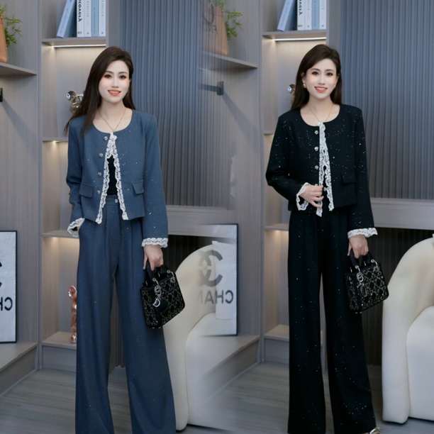 2025早春新款蕾丝拼接小香外套上衣+高腰阔腿直筒裤两件套女