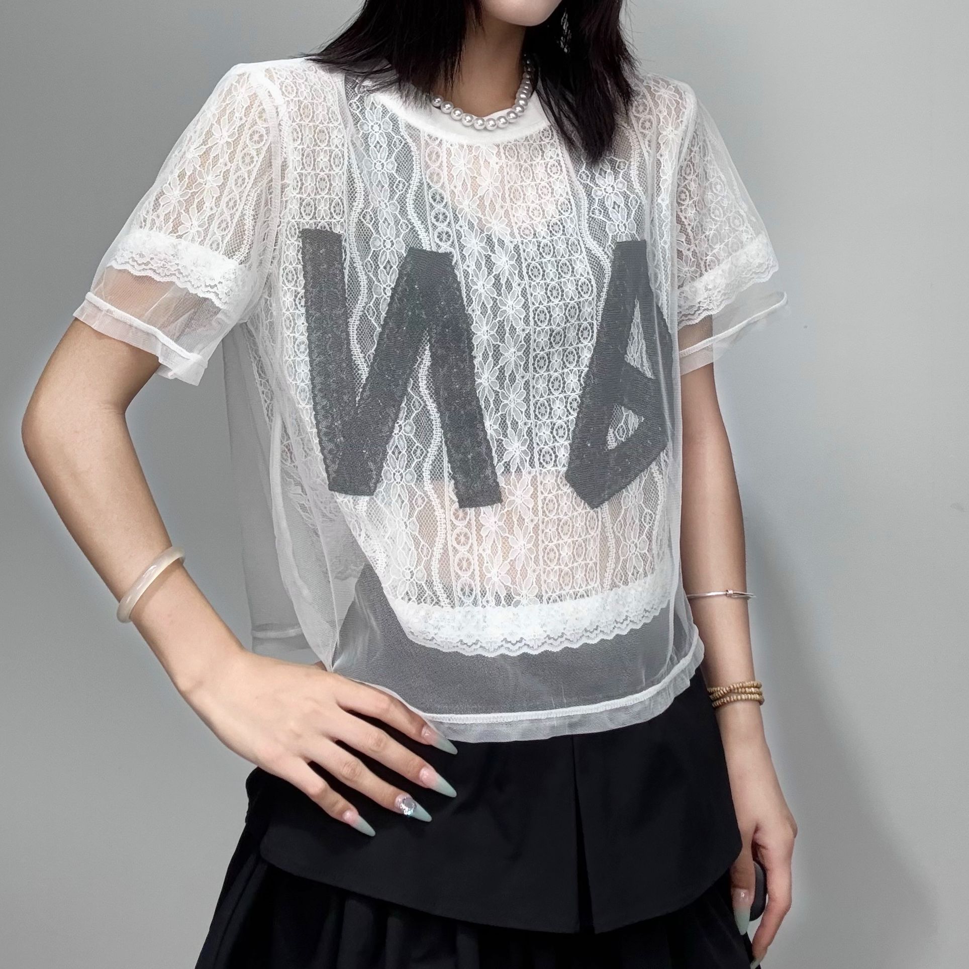 186#圆领字母网纱拼接短袖T恤2025夏季新款女宽松休闲百搭上衣潮