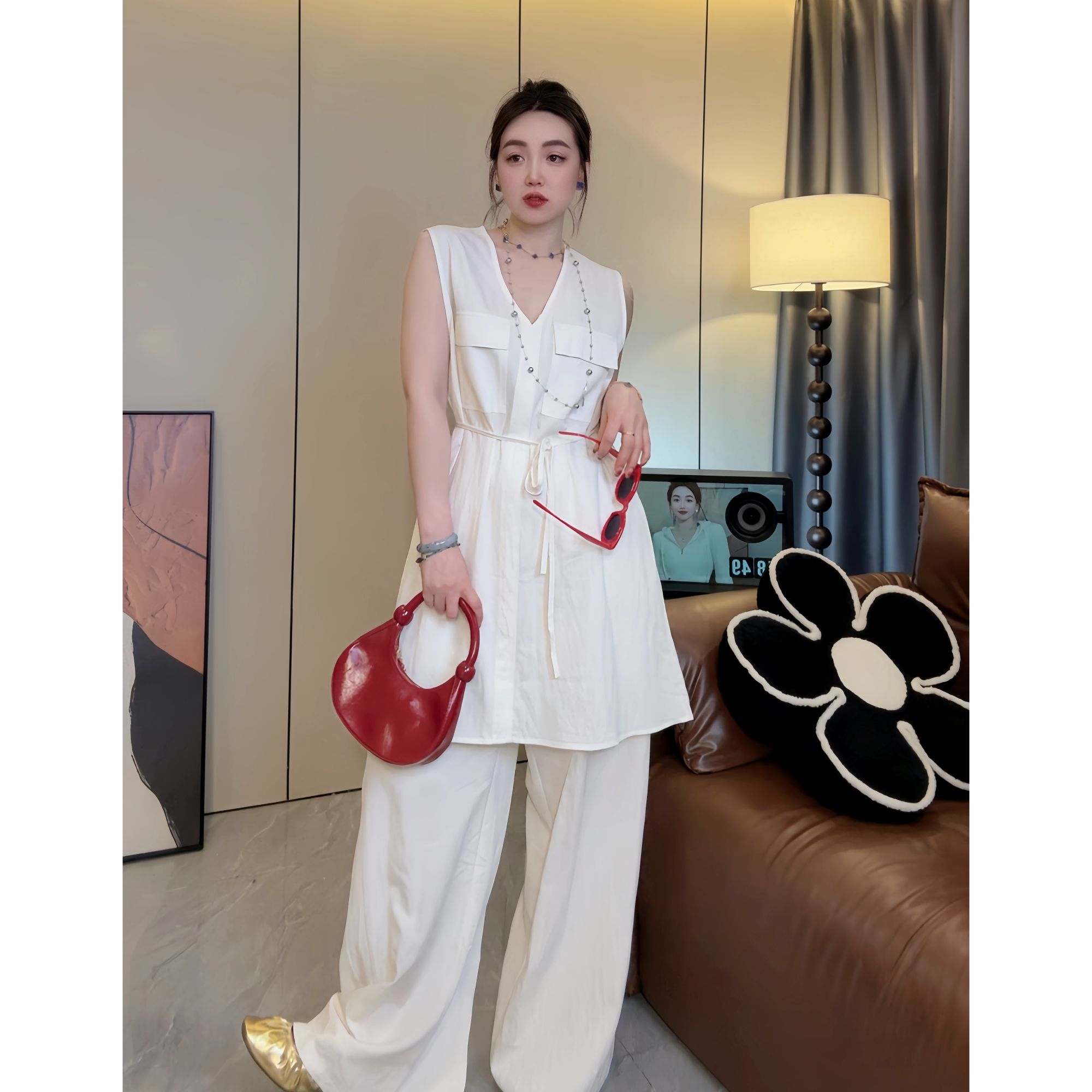 韩系欧美风时尚坎肩阔腿拖地裤女神套装优雅具有高端款9P5L663059