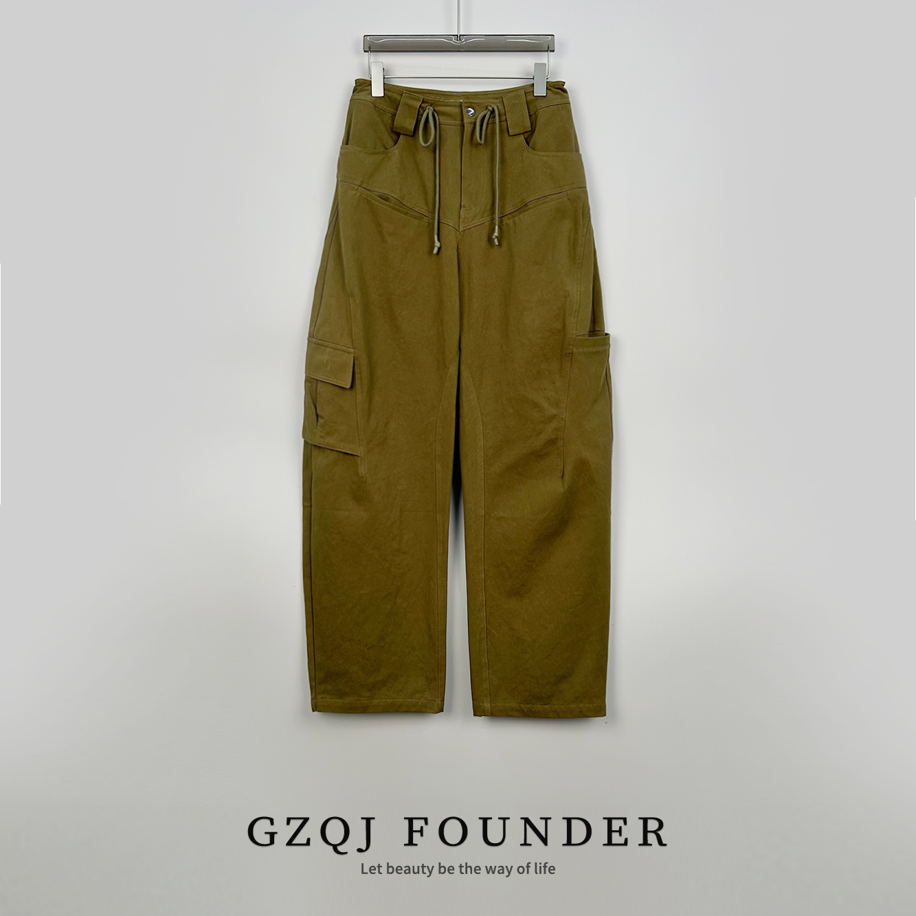 GZQJ【美式复古】抽绳高腰休闲百搭宽松阔腿工装裤3568