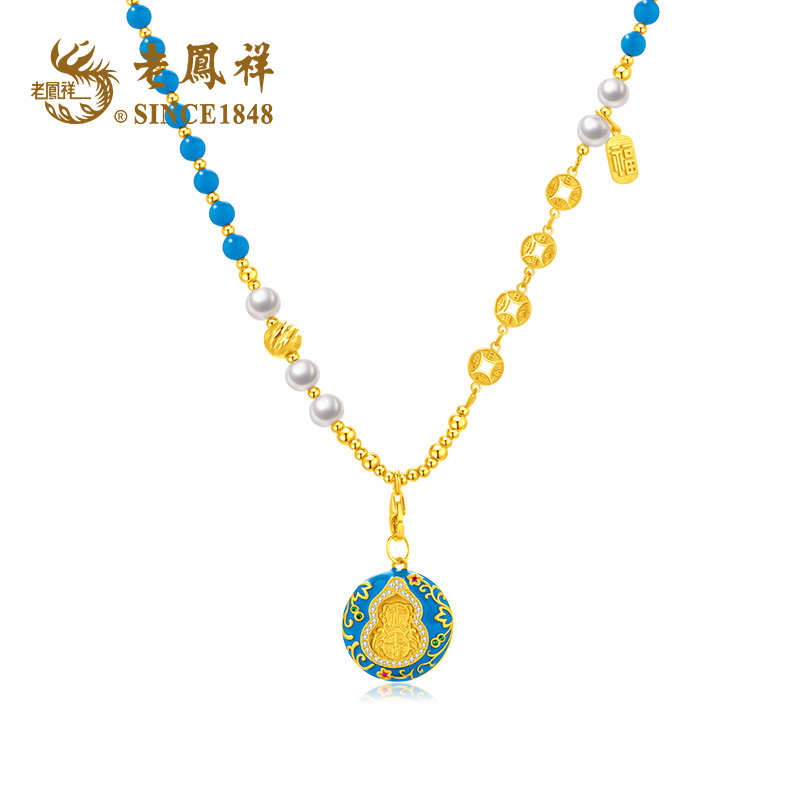 老鳯祥 坠链均925银 景泰蓝葫芦项链手工轻奢时尚古法金色彩色S