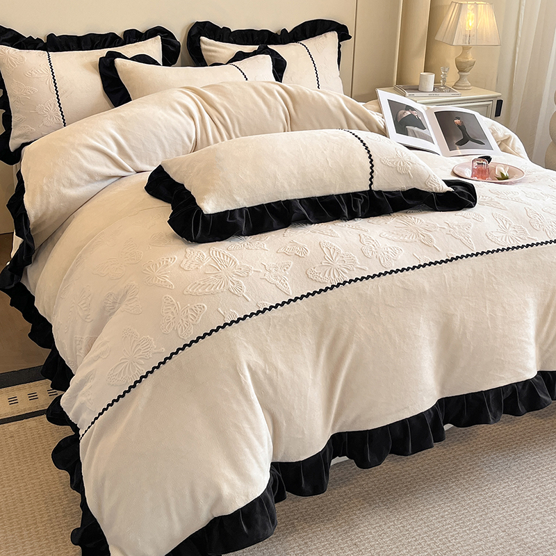 秋冬A类小香风加厚牛奶绒拼接四件套雕花绒被套床单双面绒套件4