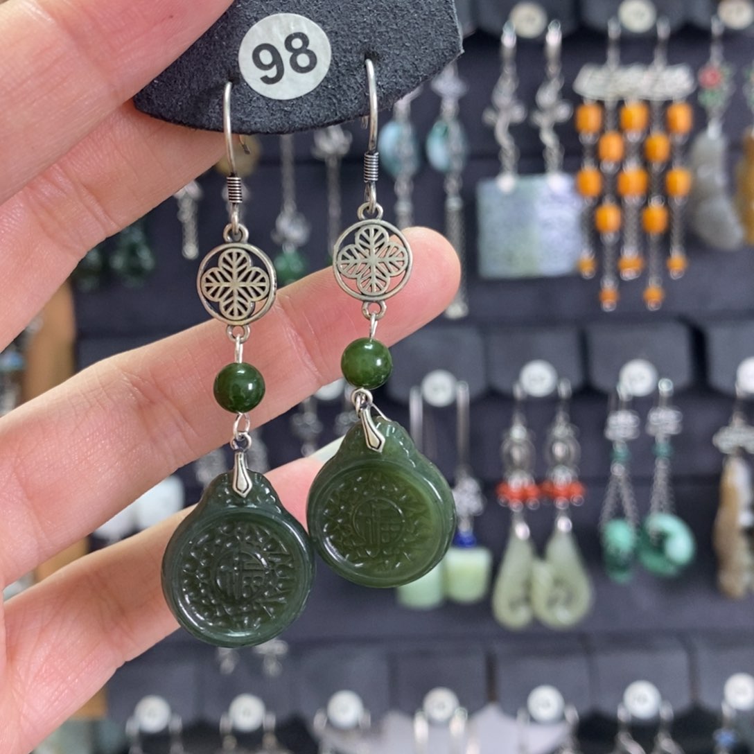 和田玉耳饰银S925镶嵌