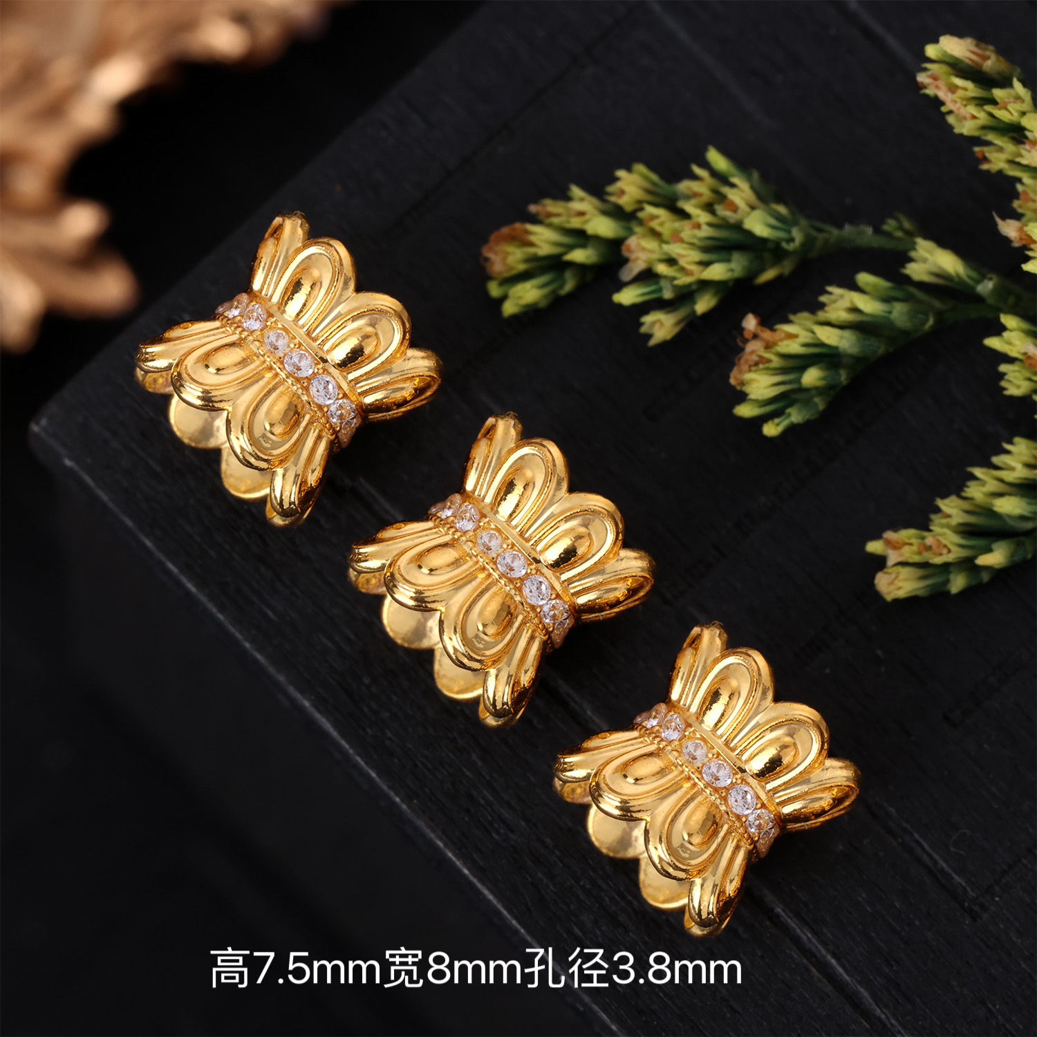 【来福工厂】纯18k金大号双头莲并蒂莲爆闪小蛮腰隔珠DIY手串配件