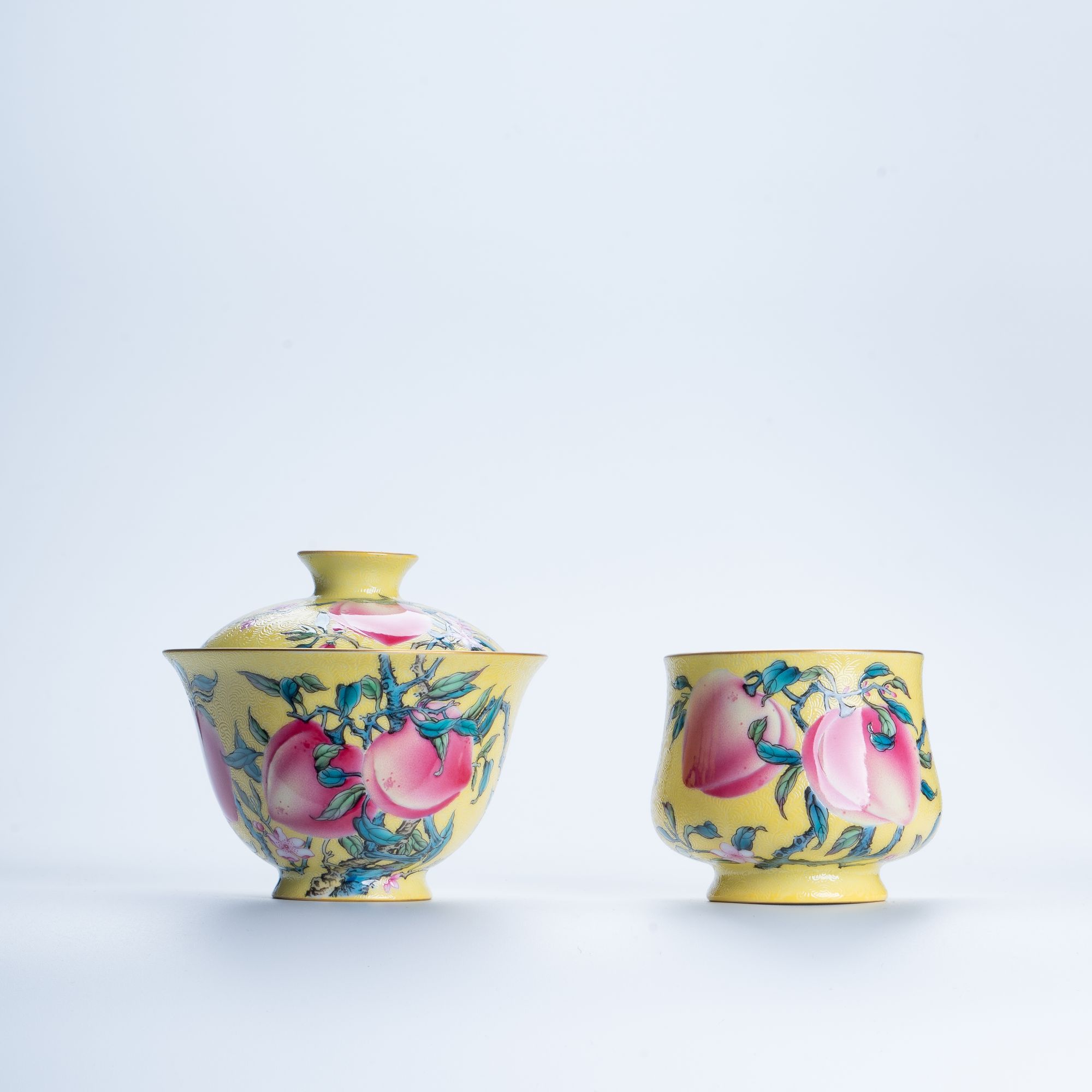 溢珍堂黄地扒花桃套组盖碗炉式杯景德镇釉上彩主人杯品茗杯纯手工