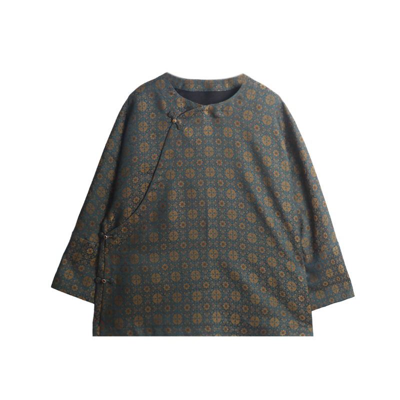 40姆米陈莨记满分桑蚕丝绢纺香云纱圆领斜襟长袖衬衣12519-9