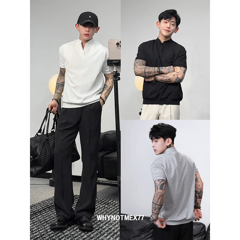 【序77】亨利领痞帅硬汉风美式冰丝凉感正肩半袖T恤夏季