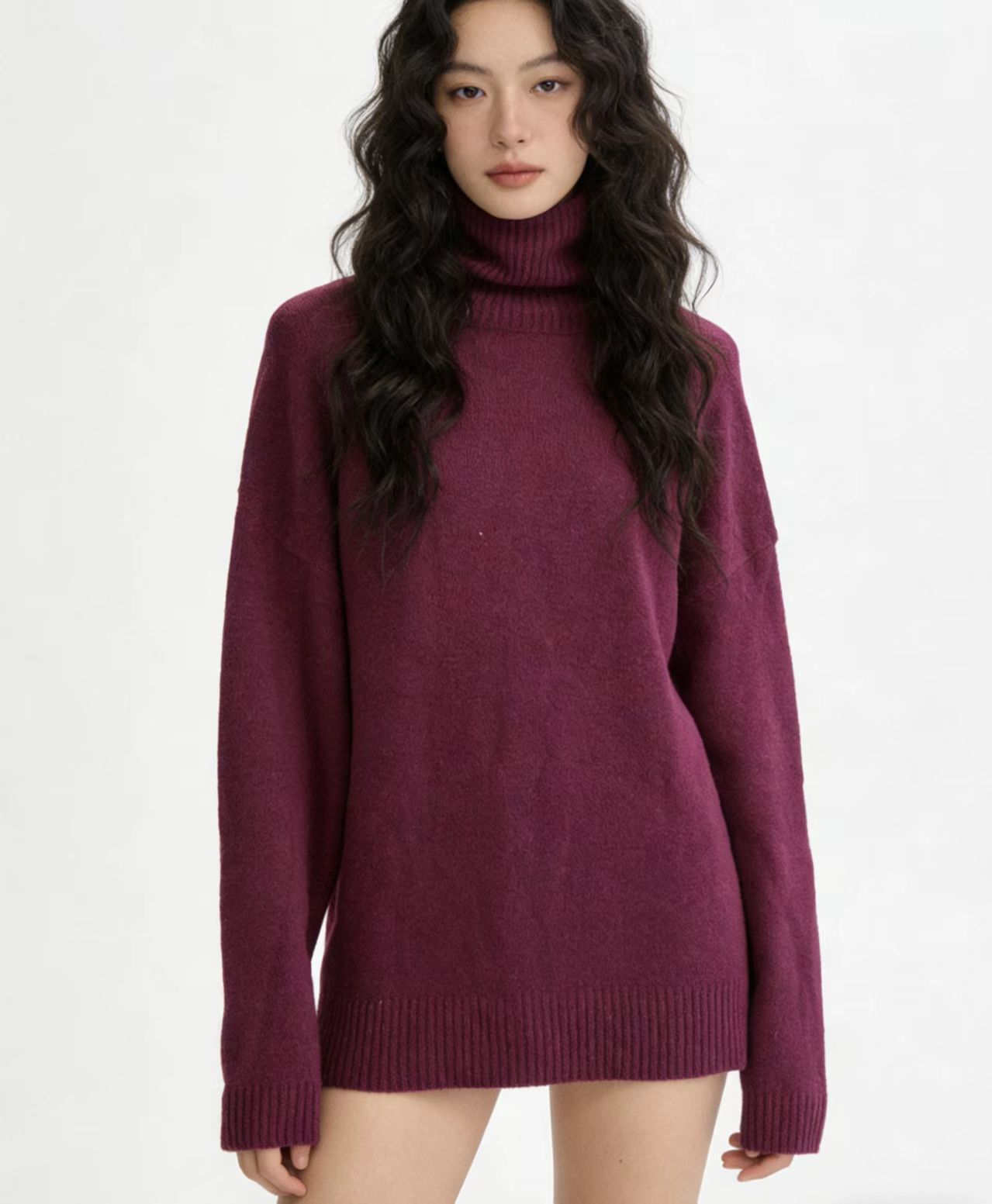 宽松慵懒风大码女装长版堆堆领落肩袖秋冬新款毛衣针织衫情侣款