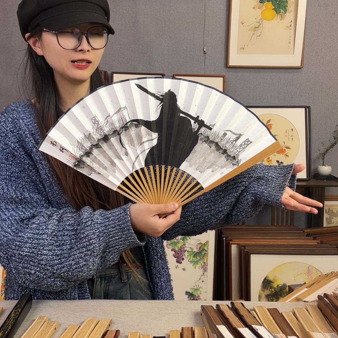 国画95寸玉竹-纯手绘-文玩扇骨（默认粘好）