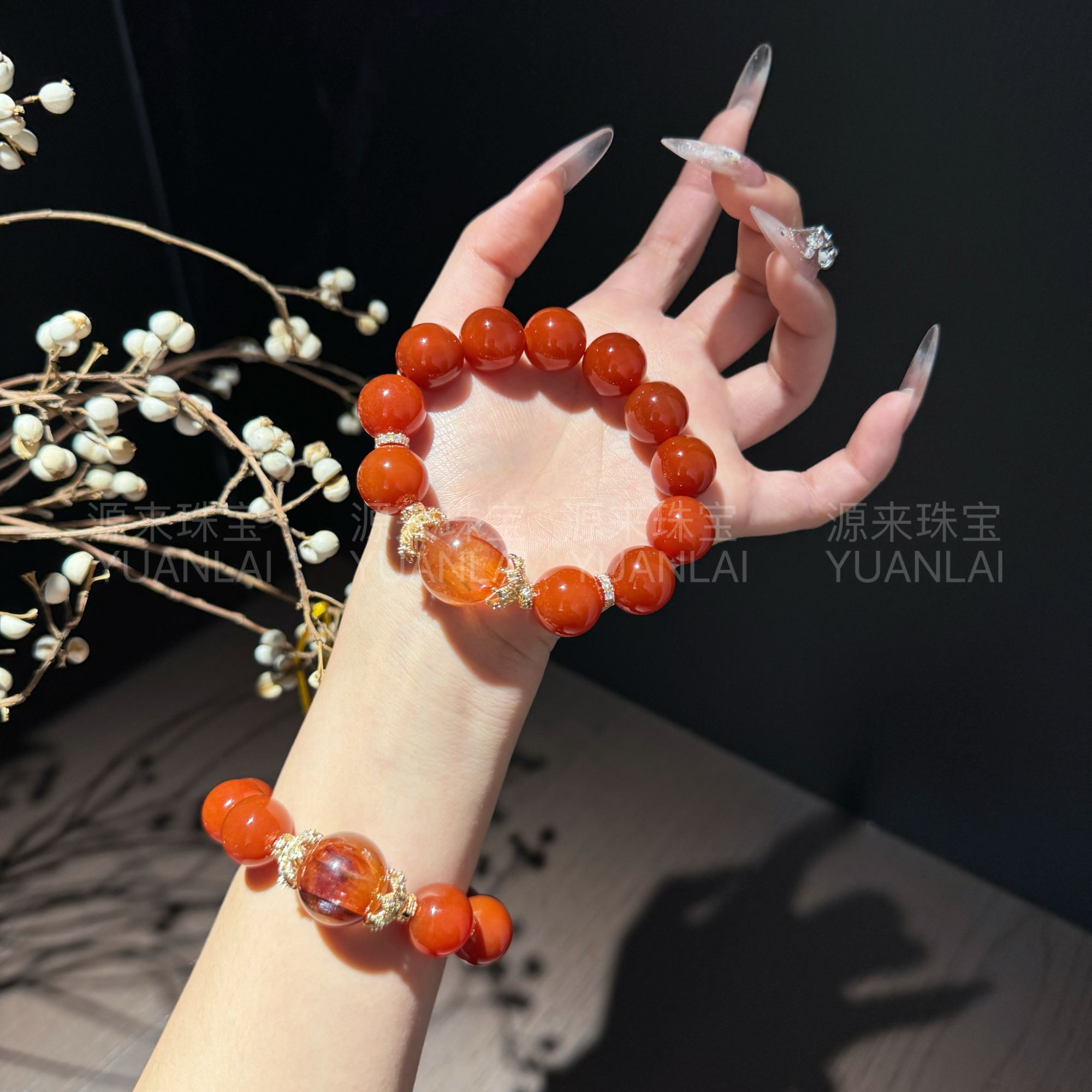 C*暖晶含胭*玛瑙胶花手串YL3516