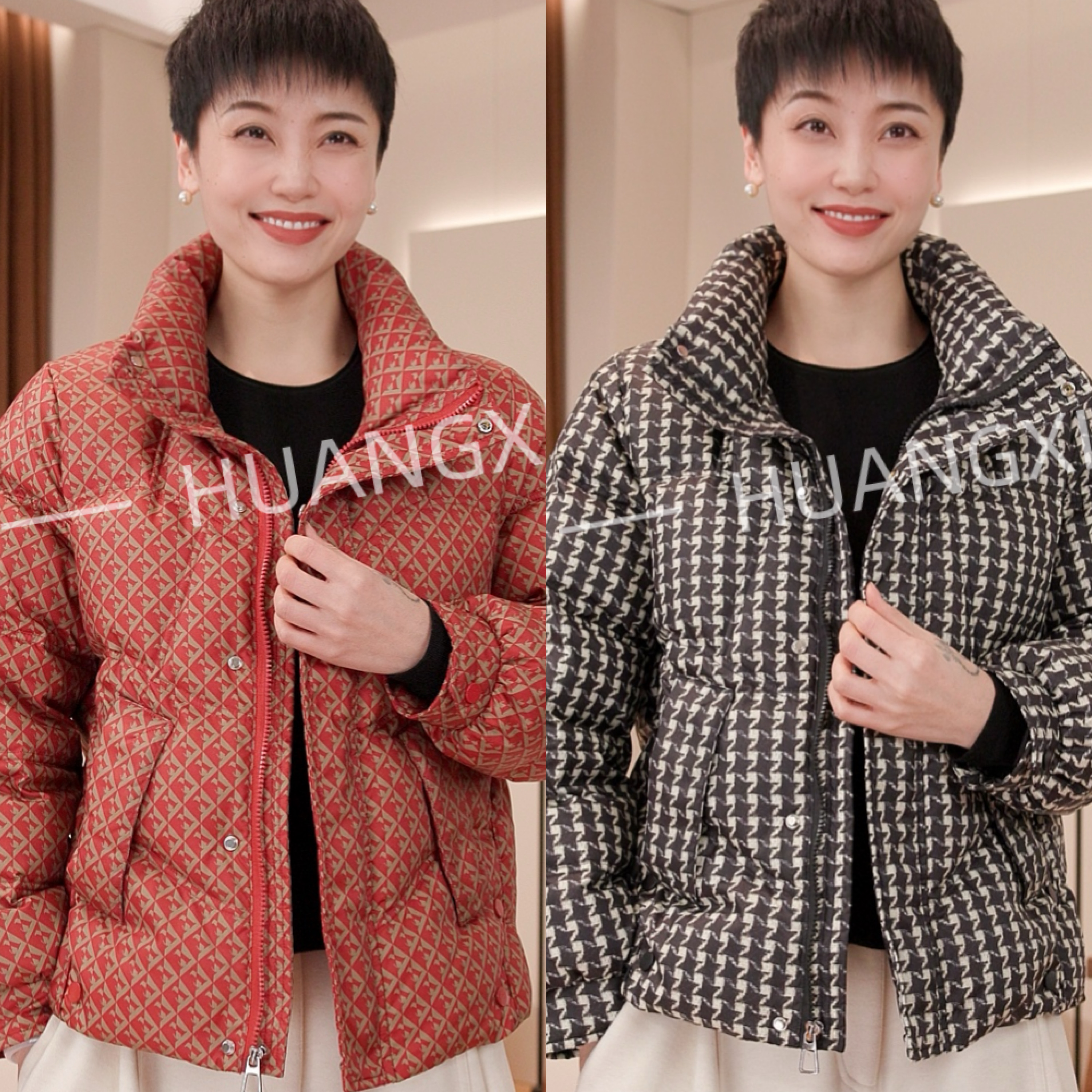 HUANGXIAOXI（千鸟格系列）洋气减龄高级感中短款羽绒服 010