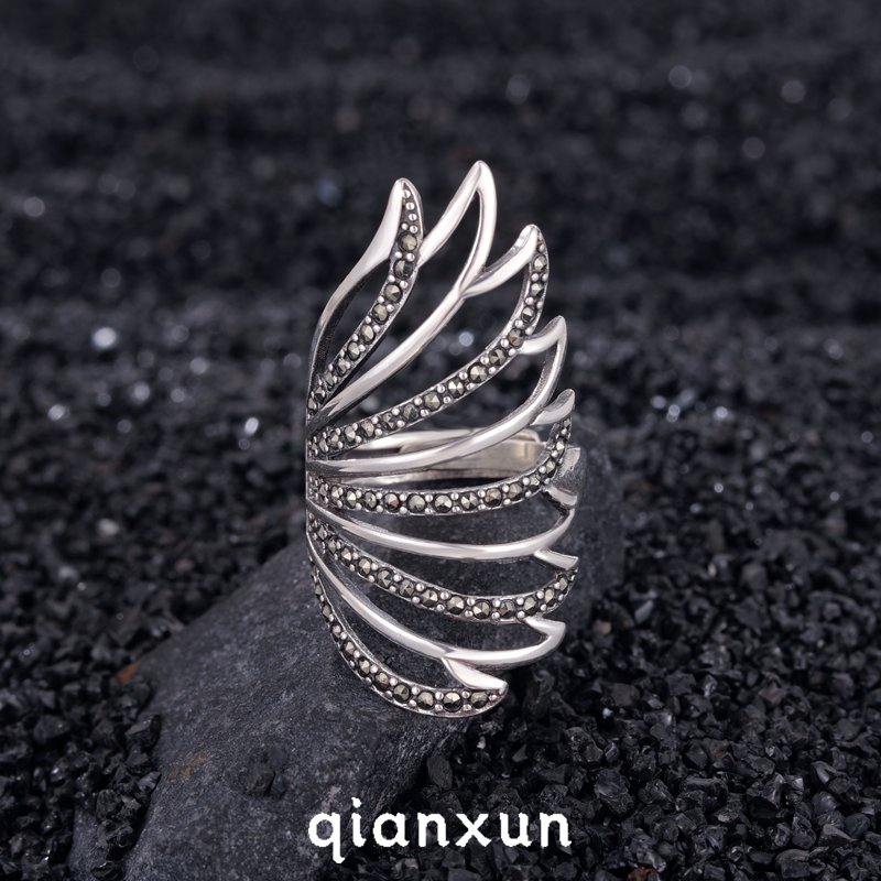 925银戒指 羽毛食指戒指女个性高级感复古长款大指环J338