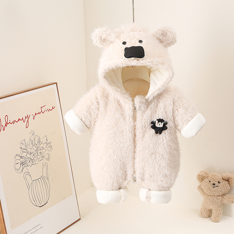 冬季爬服婴儿加绒保暖哈衣小熊造型厚棉哈衣连体衣冬款女宝连帽