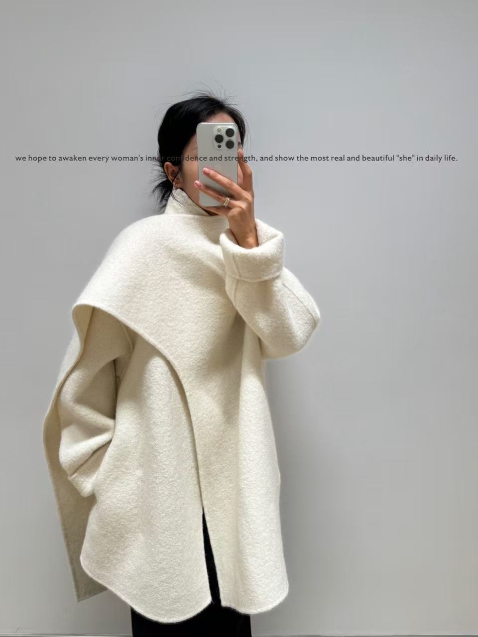 保暖冬季宽松围巾领厚款秋冬大衣毛呢外套长袖黑色681