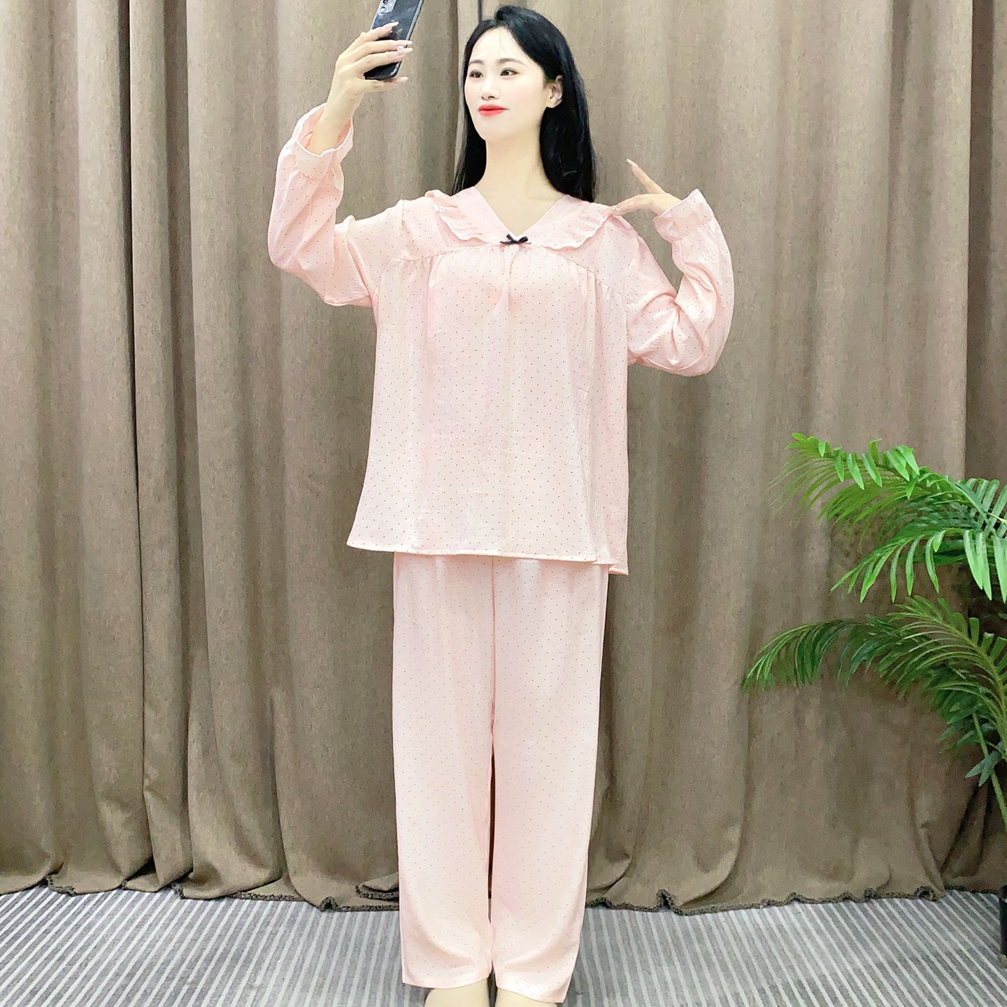 秋季新款云朵棉睡衣女长袖长裤不带胸垫宽松大码休闲家居服Y173