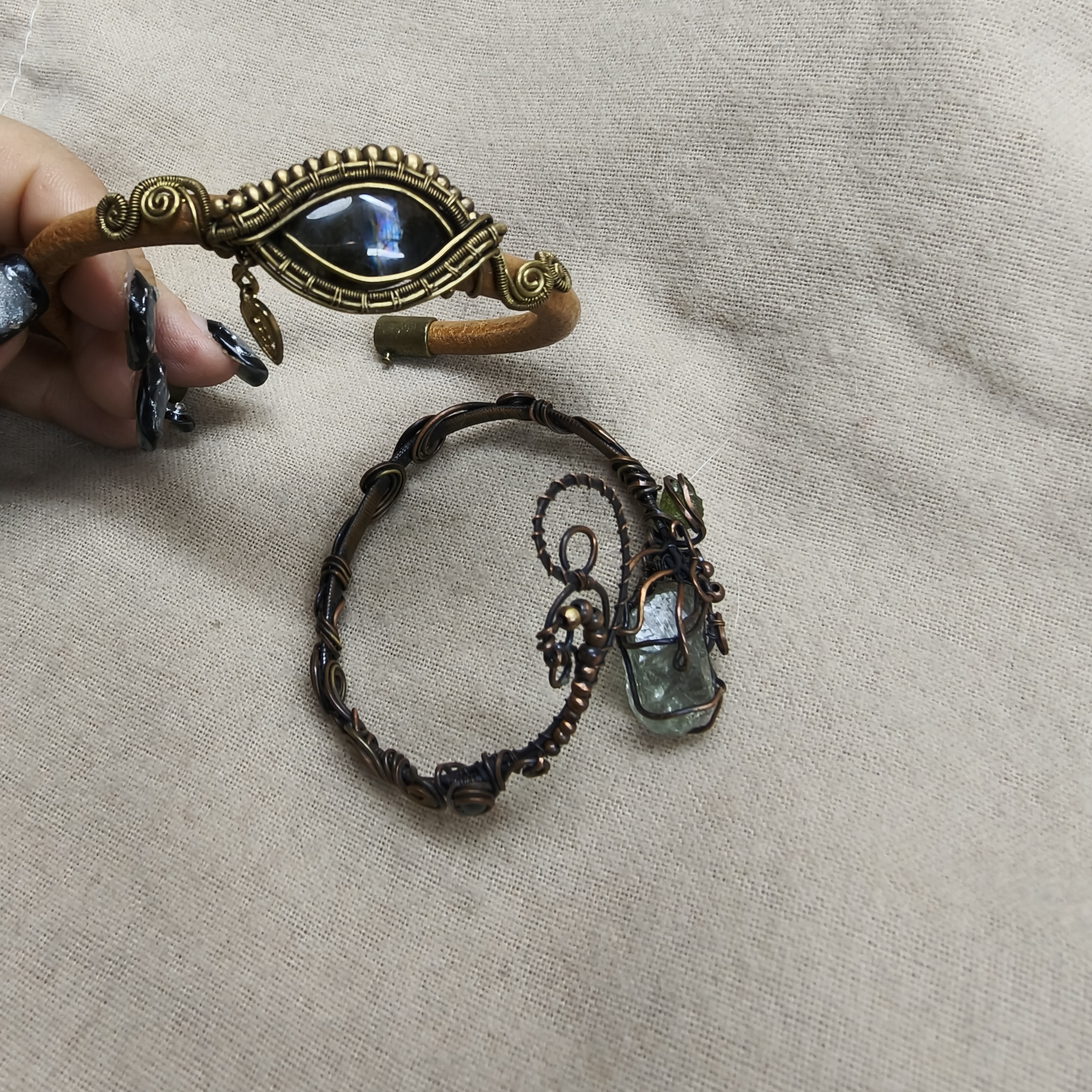 月光石/天河石/长石（处理）纯手工制做紫铜做旧个性首饰