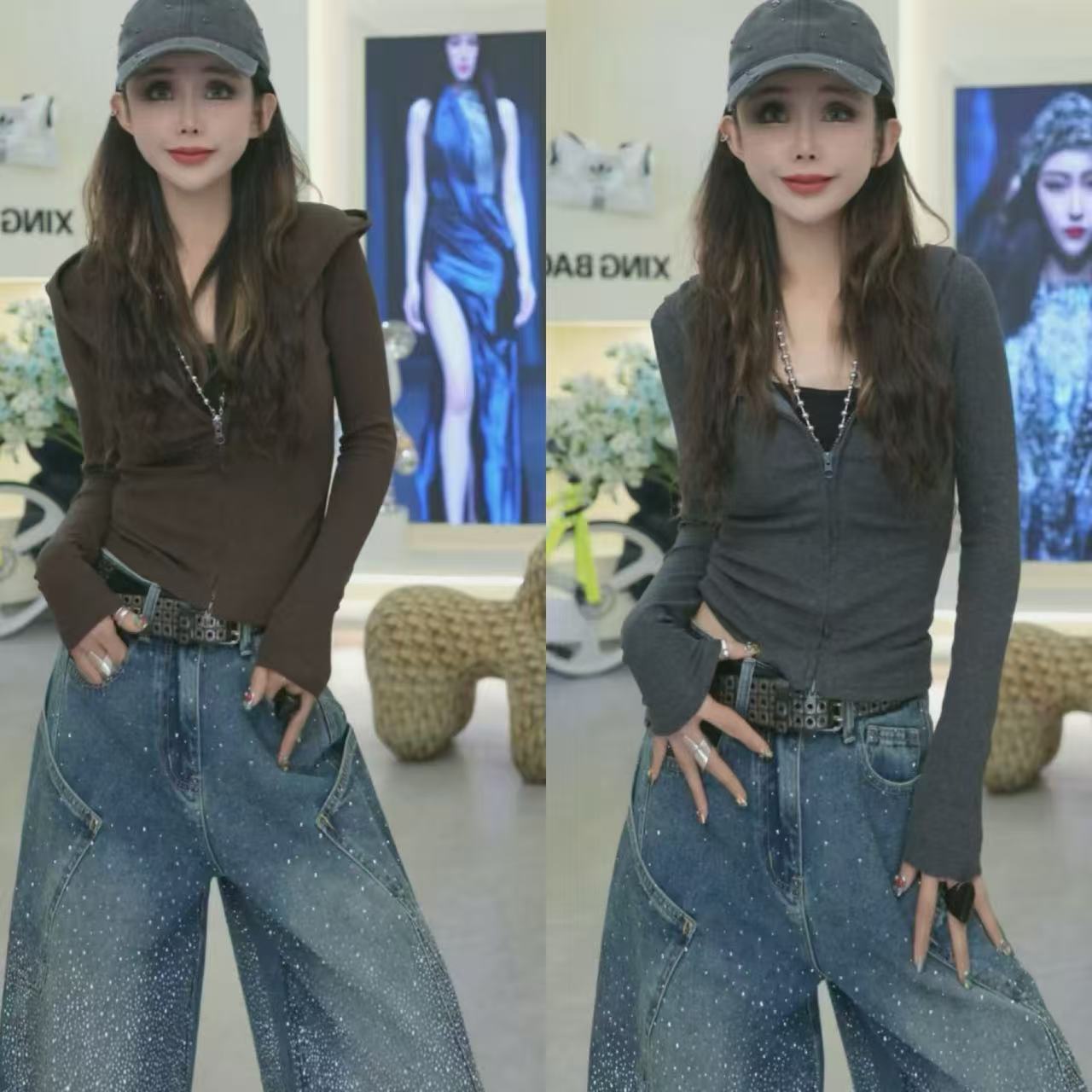 星宝定制秋冬美式拉链连帽卫衣外套女新款修身长袖上衣1335