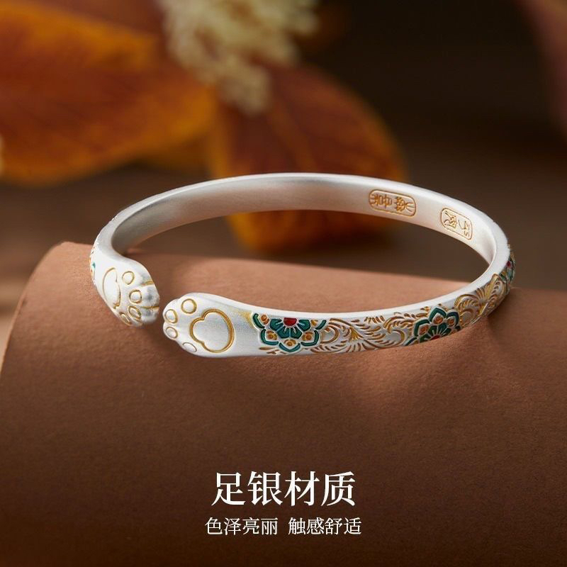 足银手镯 足银手镯28号链接描金珐琅班相花猫爪银手镯