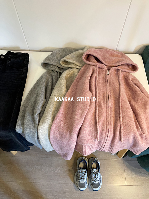 REKAYYAT”樱花“秋冬韩版复古时尚百搭抽绳连帽拉链毛衣针织外套