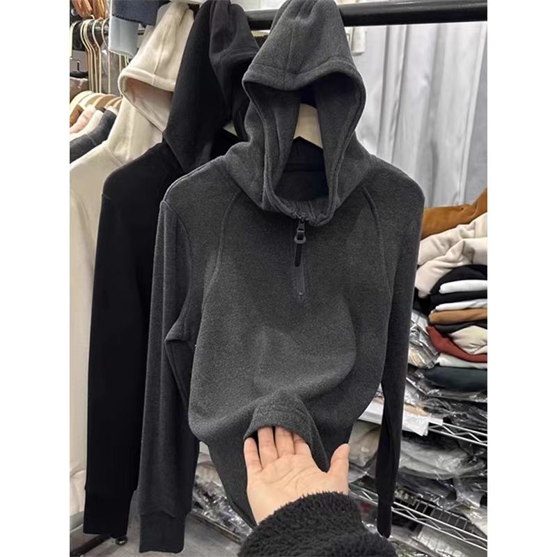 双面绒加厚保暖半拉链连帽叠穿修身秋冬显瘦撞色拼接打底卫衣T恤