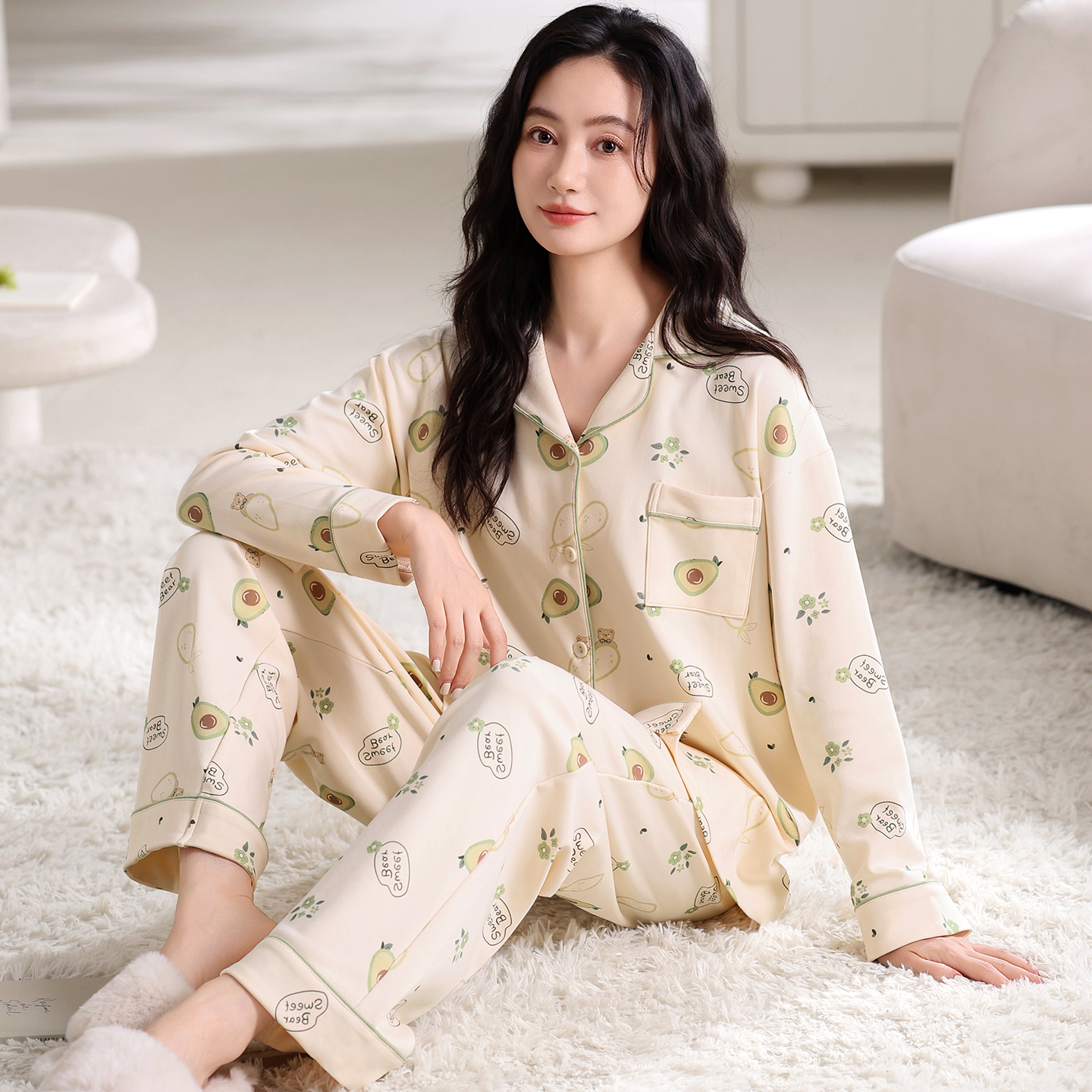 新款莉莉家睡衣女士纯棉牛油果开衫长袖长裤睡衣家居服套装可外穿