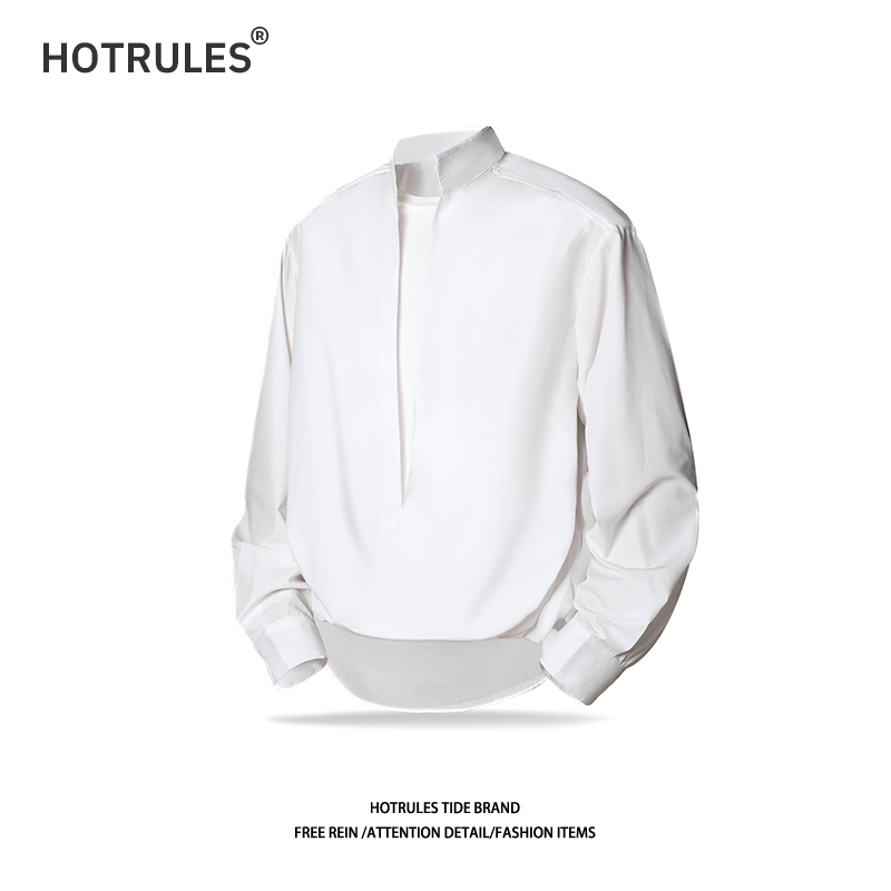 HOTRULES纯色简约假两件设计长袖衬衫男宽松休闲百搭时尚小众上衣