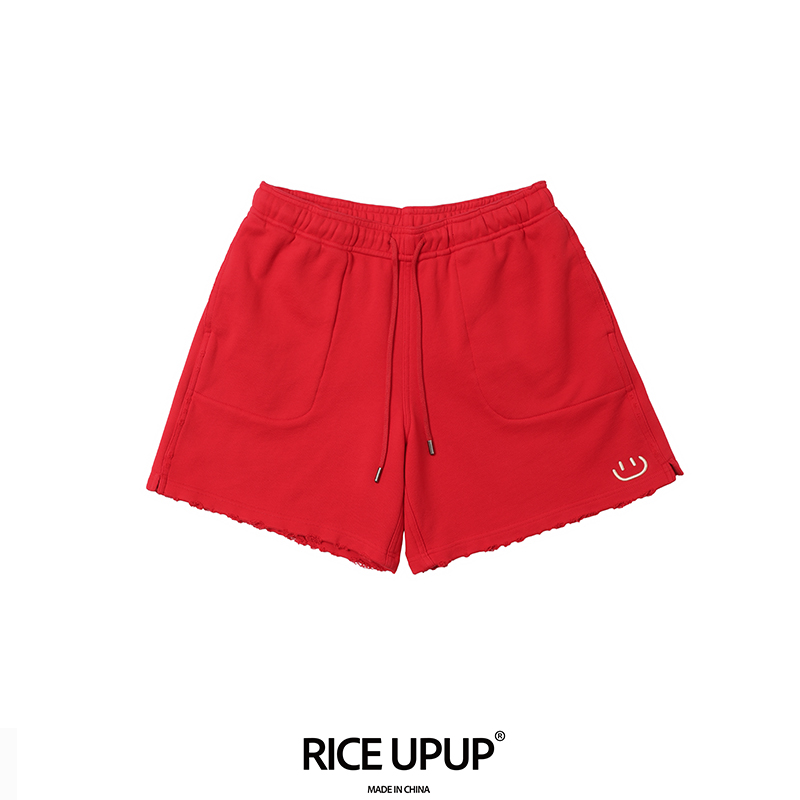 RICEUPUP-“高兴笑脸”红色刺绣短裤