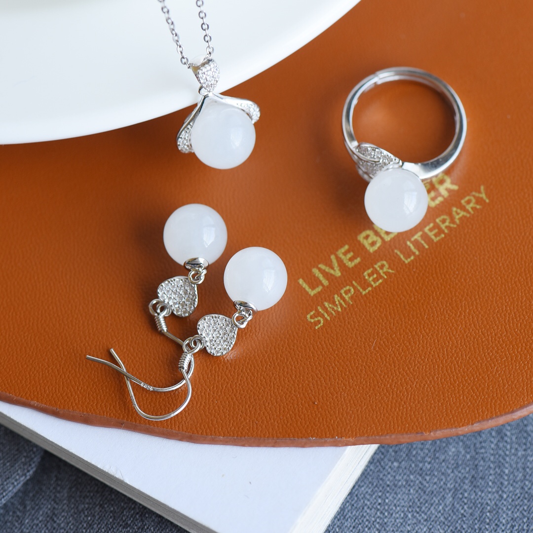 [0251]925银镶白玉珠子10mm耳坠时尚气质百搭套装