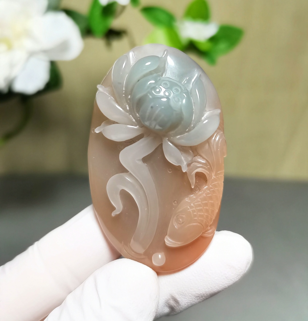 好运连连·雪莲花纯天然秦紫玉紫绿玛瑙俏色精品挂件纯手工精雕