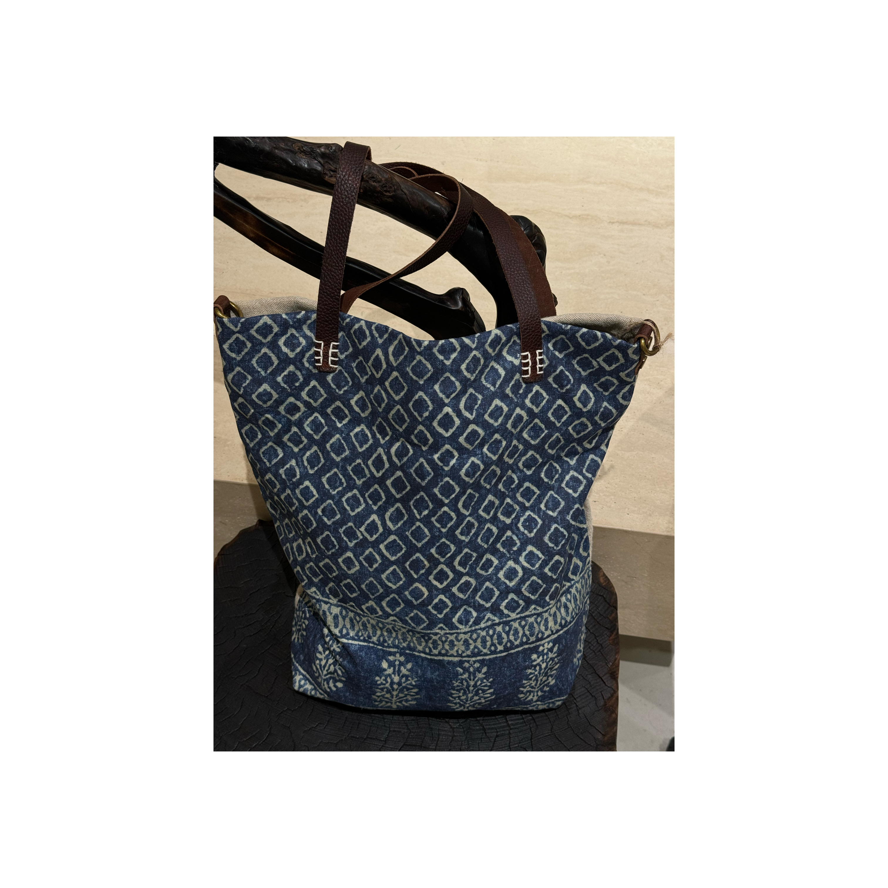 【大C严选】日单！手工扎染亚麻黄麻拼色大托特~可单肩可斜挎