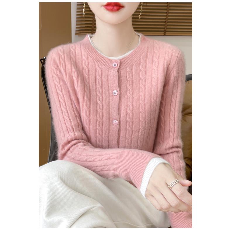 100%美丽诺纯羊毛圆领假两件扭花修身长袖开衫D341