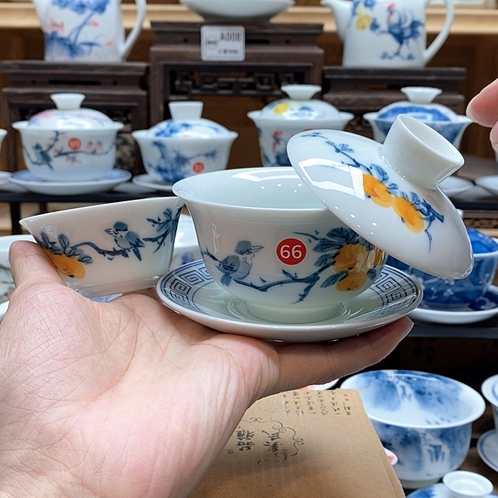 手绘喜柿图150cc盖碗➕60cc杯子釉下彩微瑕福利款