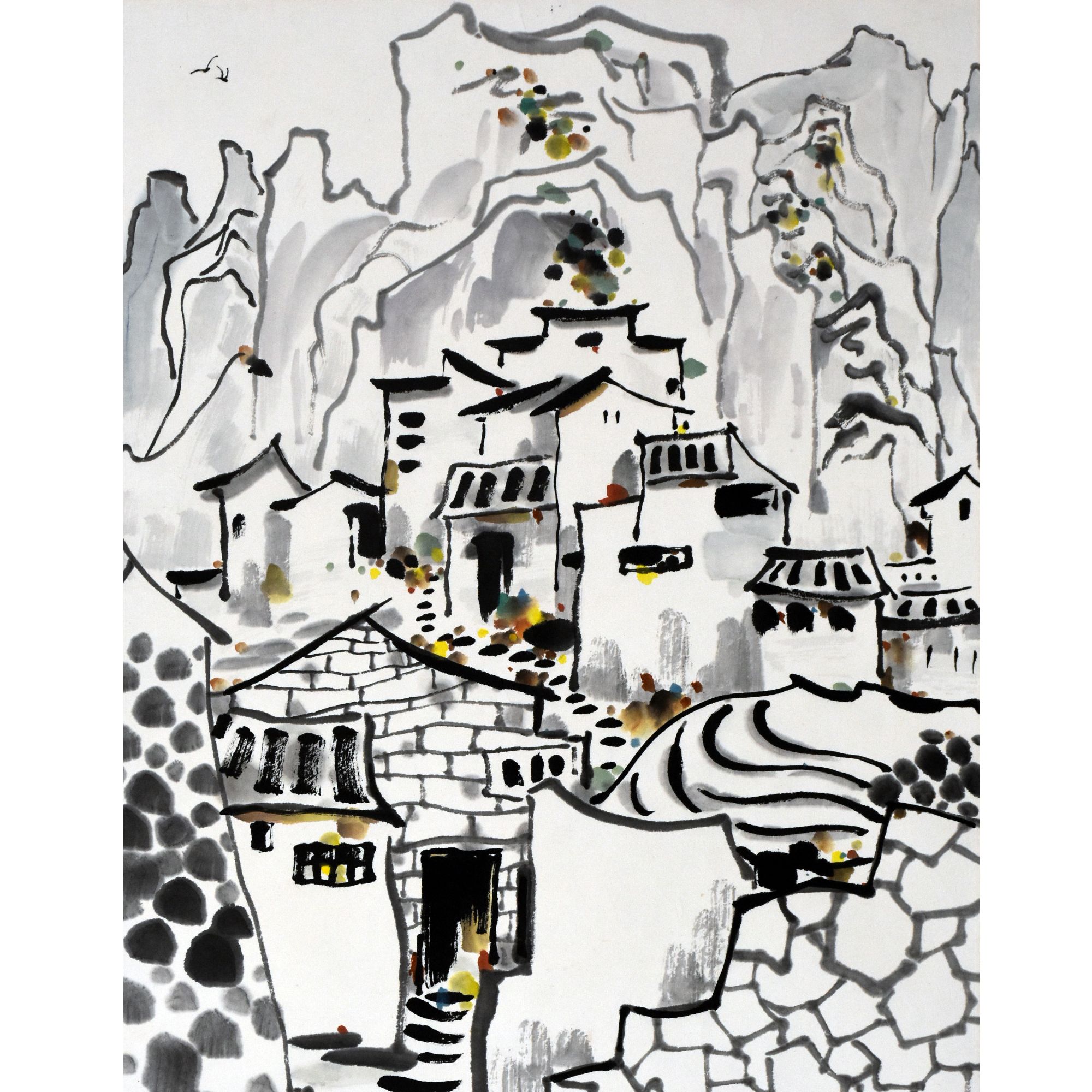 HM0798 渔村 46×34cm 纸本镜片 1.4平尺