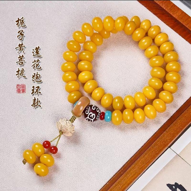 黄菩提子手串女生盘玩菩提根佛珠文玩双圈藏式复古风莲花盘玩禅意