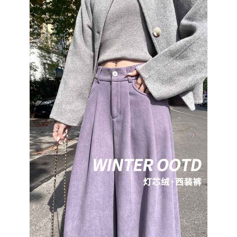 紫色灯芯绒阔腿裤女秋冬加绒加厚小个子休闲裤高腰宽松直筒西装裤