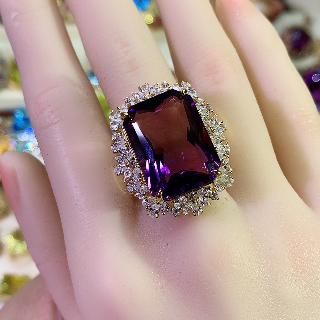紫晶戒指银S925镀金镶嵌