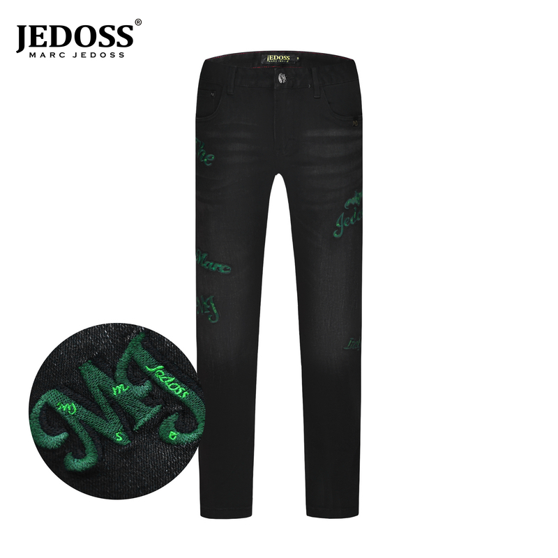 JEDOSS/爵迪斯裤子男款秋冬款潮牌LOGO刺绣黑色牛仔裤20SX
