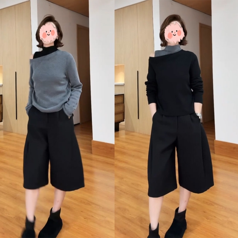 2025秋冬新款小众设计感拼色假两件套头针织衫+百搭休闲裤套装