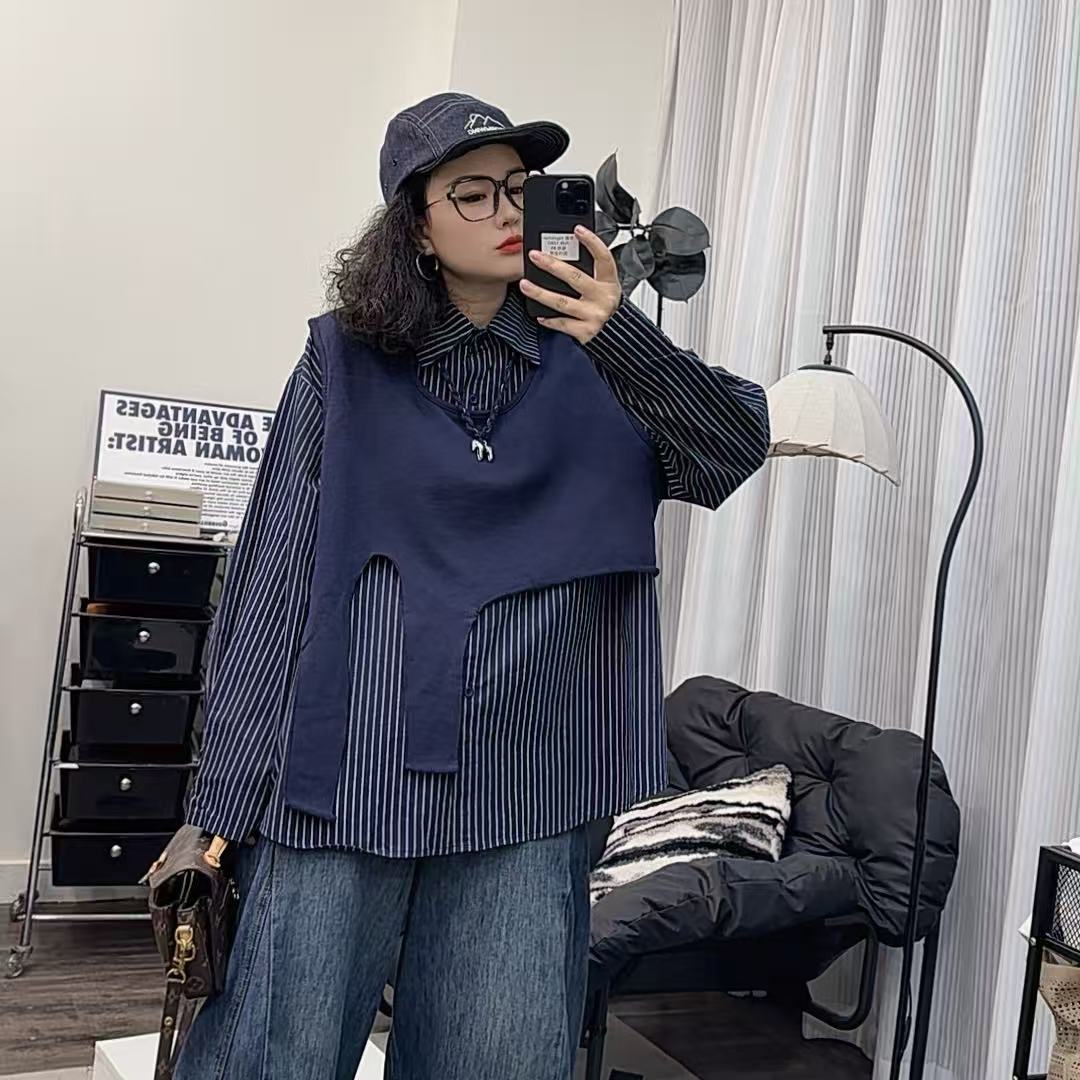 哆唛8588103款衬衣和马甲两件套竖条不规则马甲宽松秋季新款休闲