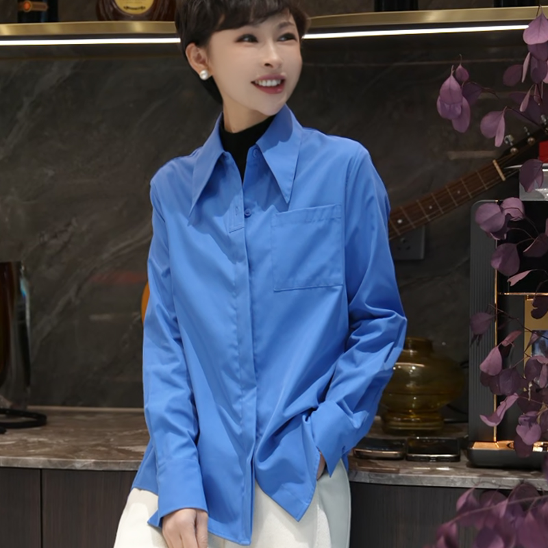 名港-时尚气质简约百搭翻领女士长袖衬衫3190