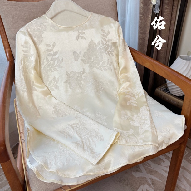新中式国风真丝冠乐皱 100%桑蚕丝圆领衬衫女高端 上衣百搭打底