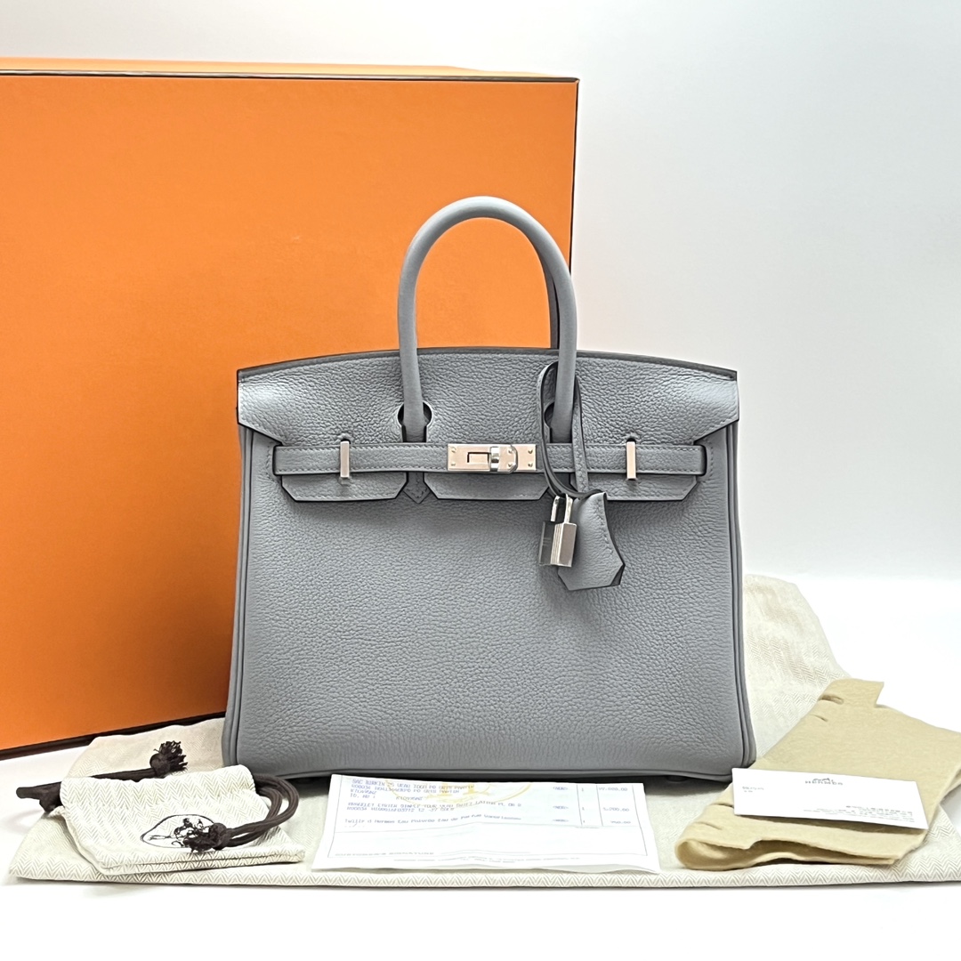 99新 Hermes/爱马仕 木偶灰银扣birkin25手提包 92166