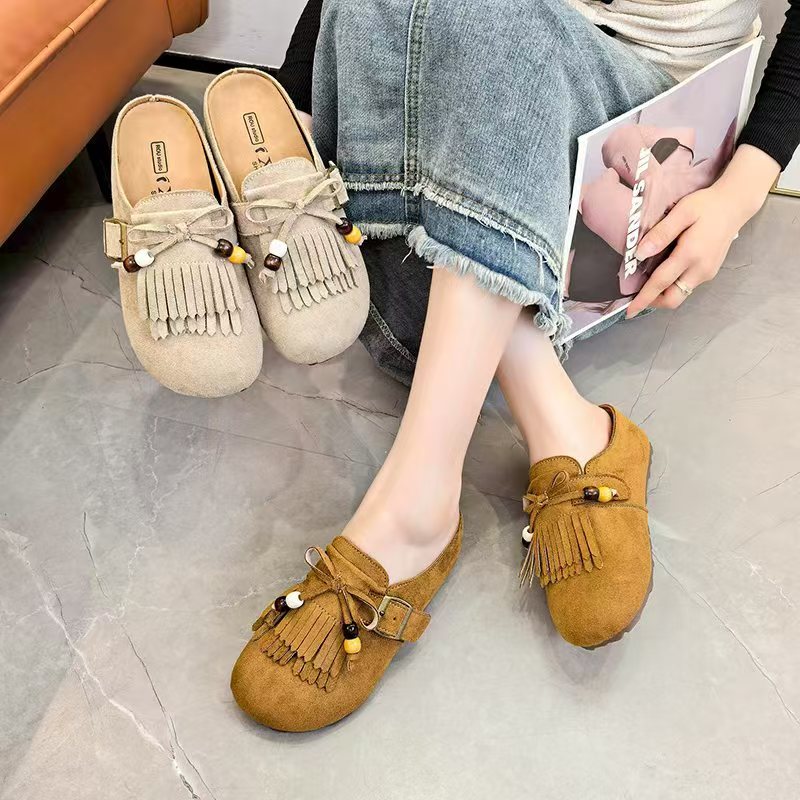 （俊)秋季新款外穿厚底增高一脚蹬懒人半拖鞋流苏包头勃肯鞋