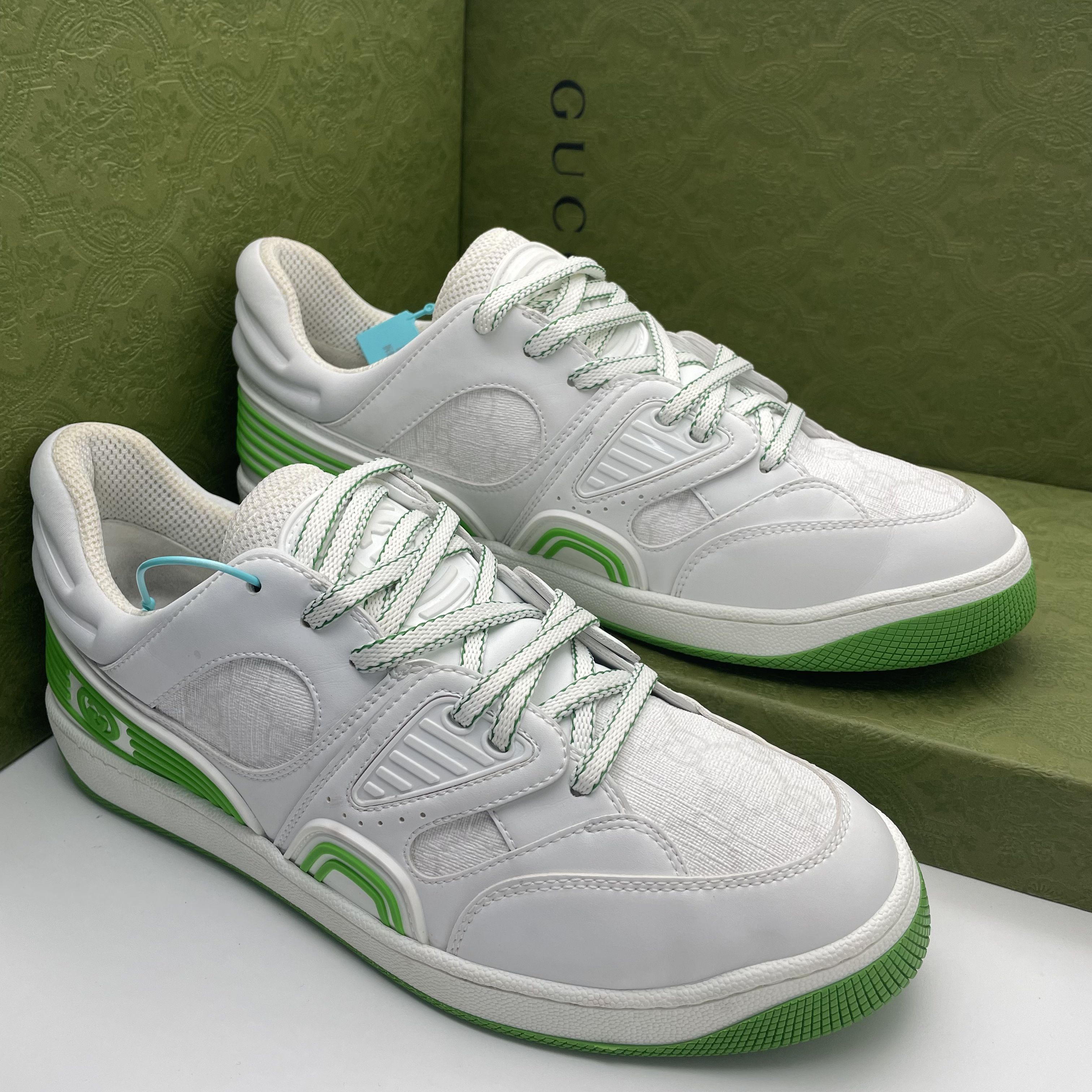 99新 GUCCI/古驰 41.5/39欧码/白绿拼色双G印花休闲时尚板鞋