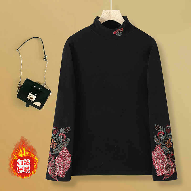 新中式国风半高领女打底衫妈妈秋冬装新款加绒加厚刺绣民族风长袖
