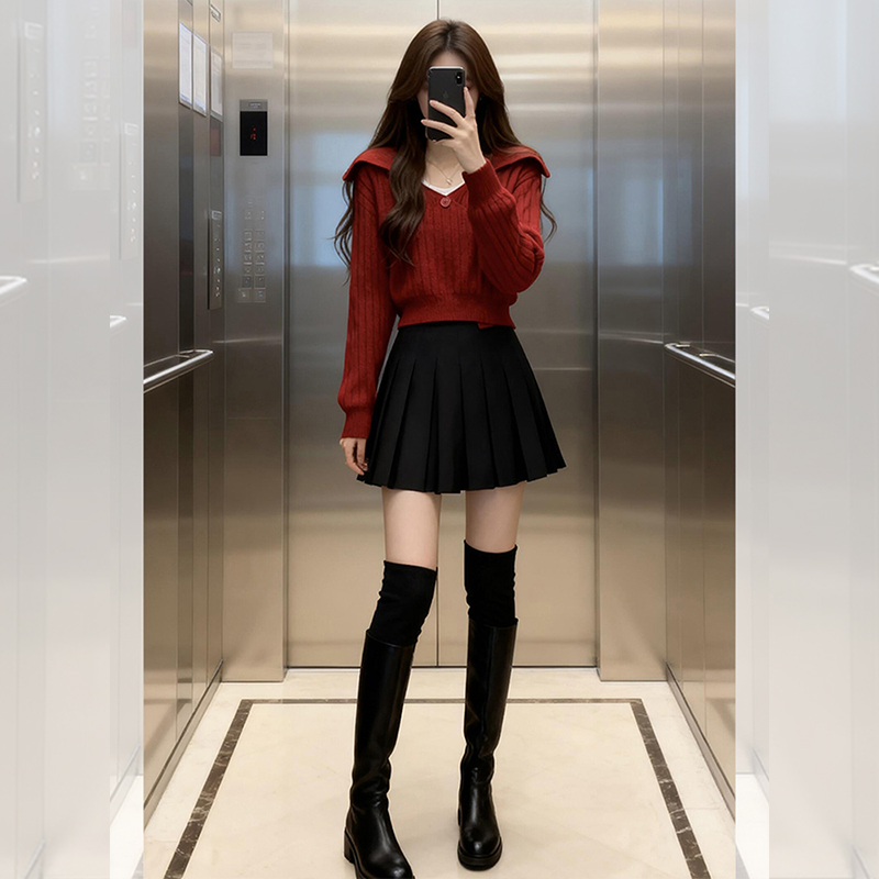 别致独特漂亮红色翻领小衫女装秋冬季内搭打底针织衫洋气高贵上衣