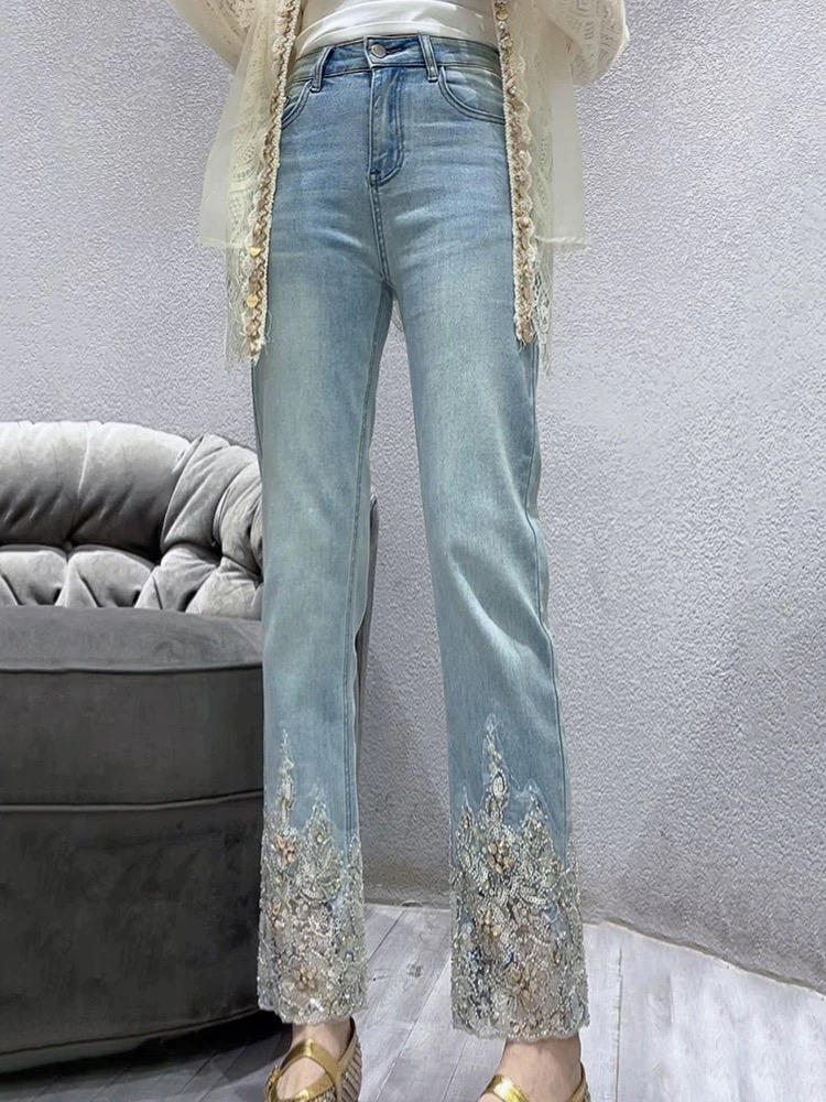 重工网纱亮片镶钻牛仔裤女2025年新款夏季高腰显瘦百搭直筒九分裤
