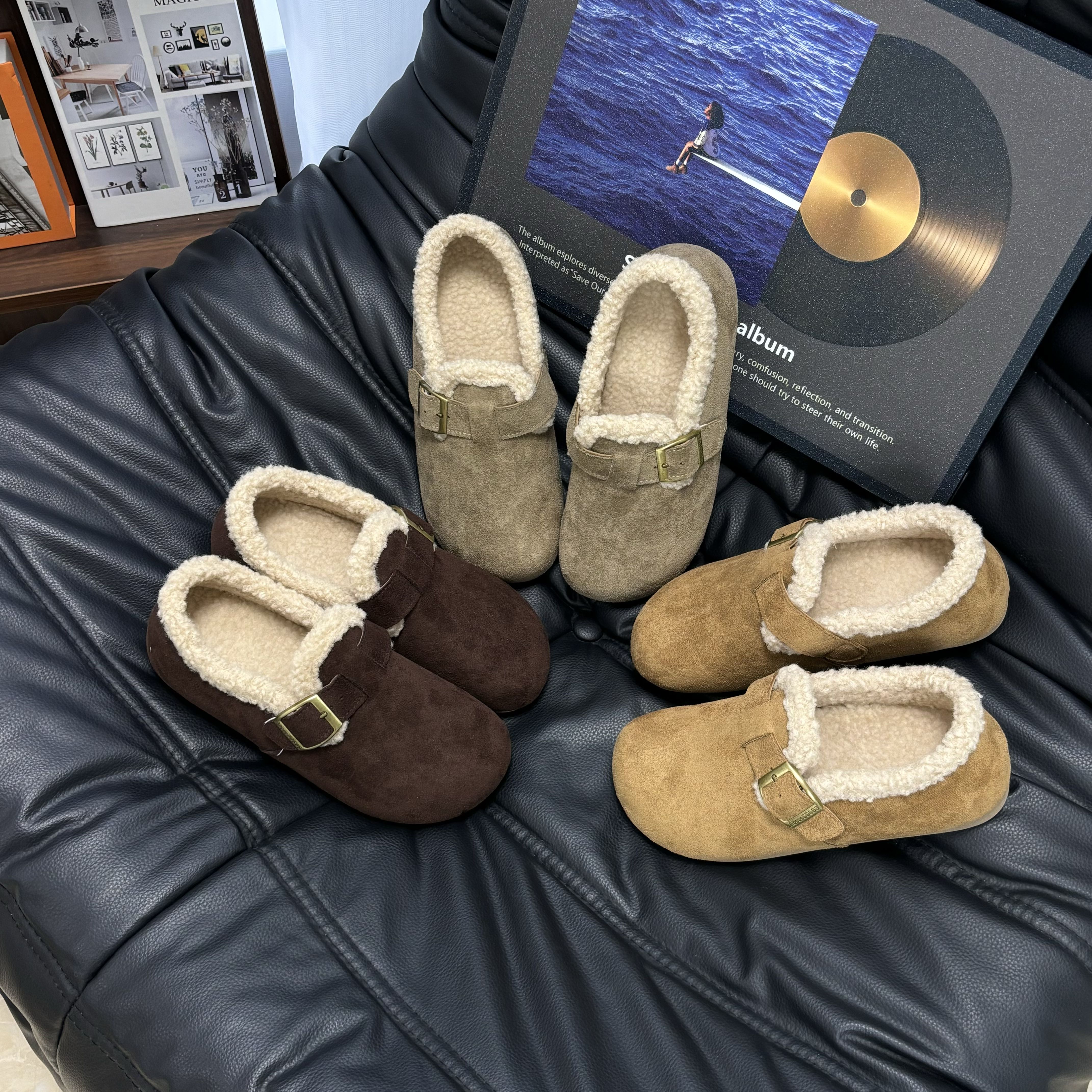 回天勃肯鞋包跟加绒网红冬季休闲棉鞋平底外穿皮毛一体毛毛鞋