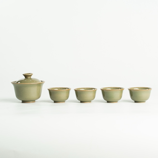 【元续寻瓷】耀州窑原矿高温青瓷黑泥素面盖碗套组高端岩茶专属茶具